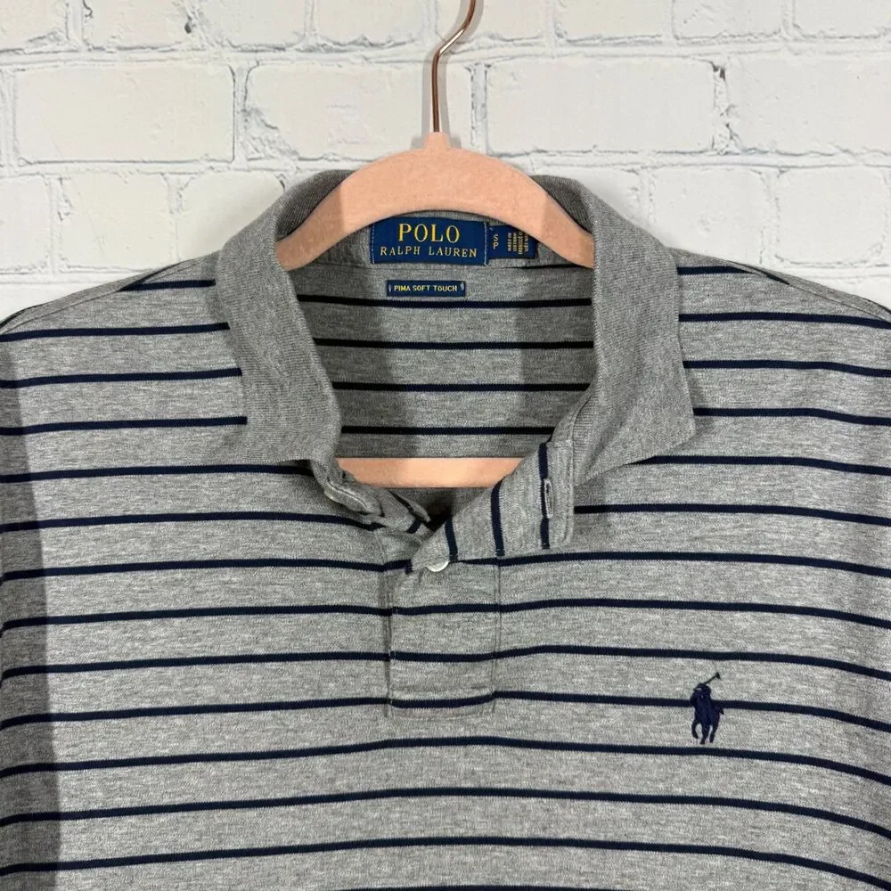 Polo Ralph Lauren Pima Soft Touch Polo Shirt Small Gray Blue Stripe Pony Logo